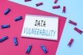 Hand writing sign Data Vulnerability. Business concept weakness of a data which can be exploited by an attacker Writing Royalty Free Stock Photo