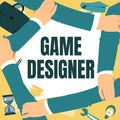 Hand writing sign Game Designer. Business approach Campaigner Pixel Scripting Programmers Consoles 3D Graphics Four