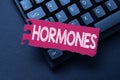 Text sign showing Hormones. Business idea regulatory substance produced in organism transported tissue fluids