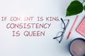 Conceptual caption If Content Is King, Consistency Is Queen. Word for words what sells products and provide good