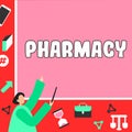 Conceptual display Pharmacy. Internet Concept the practice of prescription drug preparation and dispensing