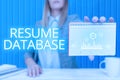 Conceptual caption Resume Database. Concept meaning database of candidates that you can search by skillset Lady Pressing