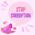 Conceptual caption Stop Corruption. Concept meaning Put an end in abusing of entrusted power for private gain Laptop