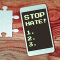 Text showing inspiration Stop Hate. Word for Prevent the aggressive pressure or intimidation to others