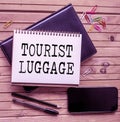 Conceptual caption Tourist Luggage. Business idea big bag that contains everything one needs for traveling Empty Open Royalty Free Stock Photo