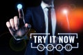 Writing displaying text Try It Now. Business overview Free trial of something new experiment different things