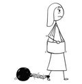 Conceptual Cartoon of Businesswoman with Chain and Iron Ball Att Royalty Free Stock Photo