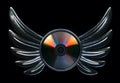 Conceptual cd disk emblem with metallic wings 3d render version