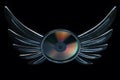 Conceptual cd disk emblem with metallic wings 3d render version