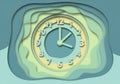 A conceptual clock design features layered paper cut-out style patterns in shades of blue and Royalty Free Stock Photo