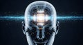 Conceptual close-up of an android\'s head processing information, showing a glowing core and digital streams. This visual Royalty Free Stock Photo