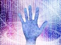 Palm of hand with money in abstract lights with binary code of one and zero Royalty Free Stock Photo