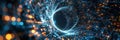 Conceptual cluster, a swirling vortex of data streams merging into a central core of interconnected nodes.