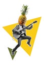 Conceptual collage image of young man with pineapple instead of head playing guitar