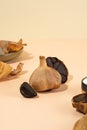 A conceptual composition of fermented garlic with a hard shadow. Black garlic bulbs and cloves lie on a beige desk. Healthy food, Royalty Free Stock Photo