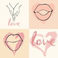 Conceptual composition of love icons with hands, lips,