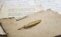 conceptual composition of the symbol of the golden feather of a bird and background music, and pure old yellowed paper