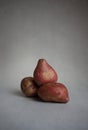 Conceptual creative still life with balancing fresh red potatoes on a light gray background.Template for cover layout,poster.