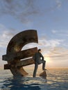 Conceptual currency euro symbol and 3D businessman sinking in ocean as a concept for European crisis