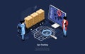 Conceptual 3D Art In Isometric Cartoon Style On Dark Background. Vector Composition Of Logistics GPS Tracking. Huge Royalty Free Stock Photo