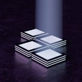 Conceptual 3D artwork of four light cubes emitting a bright light beam into the sky on dark violet metal surface