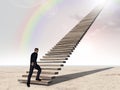 Conceptual 3D business man walking or climbing stair over rainbow sky Royalty Free Stock Photo