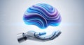 Futuristic AI brain held by a robotic hand, symbolizing digital innovation and advanced technology for modern businesses. Royalty Free Stock Photo