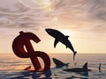 Conceptual 3D illustration bloody dollar symbol or sign sinking in water or sea, with black sharks eating , metaphor or concept Royalty Free Stock Photo