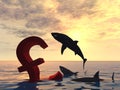 3D illustration bloody pound symbol or sign sinking in water or sea, black sharks eating