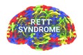 A conceptual 3D illustration featuring the text Rett syndrome inside the anatomical model of a human brain with a colorful puzzle