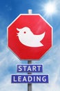 Conceptual 3D Illustration of a stop sign with a tweeting bird in front of a blue sky.