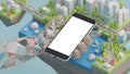 Smart City App Phone Mockup in Robotic Hand, Low Poly Cityscape Royalty Free Stock Photo