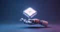 Futuristic robotic hand displaying an advanced glowing AI processor chip for cutting-edge technology and digital solutions. Royalty Free Stock Photo