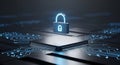 Robust Cybersecurity Padlock on Processor Chip for Business Data Protection and Secure Digital Infrastructure. Royalty Free Stock Photo