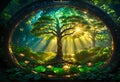 a conceptual 3D stained glass window depicting the Tree of Life set in a lush golden forest Royalty Free Stock Photo