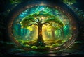 a conceptual 3D stained glass window depicting the Tree of Life set in a lush golden forest Royalty Free Stock Photo