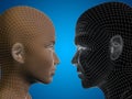 Conceptual 3D wireframe or mesh human male and female head Royalty Free Stock Photo