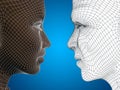 Conceptual 3D wireframe or mesh human male and female head Royalty Free Stock Photo