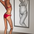 Conceptual 3D woman as fat vs fit underweight anorexic