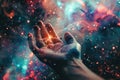 Conceptual design of a hand extending from a galaxy. Touch of human hands against the background of cosmic energy. by AI Royalty Free Stock Photo