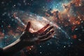 Conceptual design of a hand extending from a galaxy. Touch of human hands against the background of cosmic energy. by AI Royalty Free Stock Photo