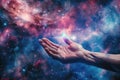 Conceptual design of a hand extending from a galaxy. Touch of human hands against the background of cosmic energy. by AI Royalty Free Stock Photo