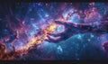 Conceptual design of a hand extending from a galaxy. Touch of human hands against the background of cosmic energy. by AI Royalty Free Stock Photo