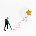 Conceptual design. Modern art collage. Way to success. Businessman drawing illusion line to star, meaning professional