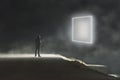 Conceptual digital art picture of a hooded man standing in front of a glowing square portal on a dark misty night