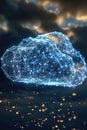 A conceptual digital artwork of a glowing blue cloud with sparkling rain. Royalty Free Stock Photo