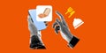 Conceptual digital composition. Hands engaging with smartphone displaying pizza, surrounded by food icons, representing