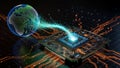 Digital globe grid linked to microchip on motherboard â AI content Royalty Free Stock Photo