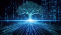 conceptual digital tree made of glowing binary code streams, symbolizing AI growth and innovation. vibrant blue colors create Royalty Free Stock Photo
