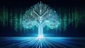 conceptual digital tree made of glowing binary code streams, symbolizing AI growth and innovation. vibrant colors and intricate Royalty Free Stock Photo